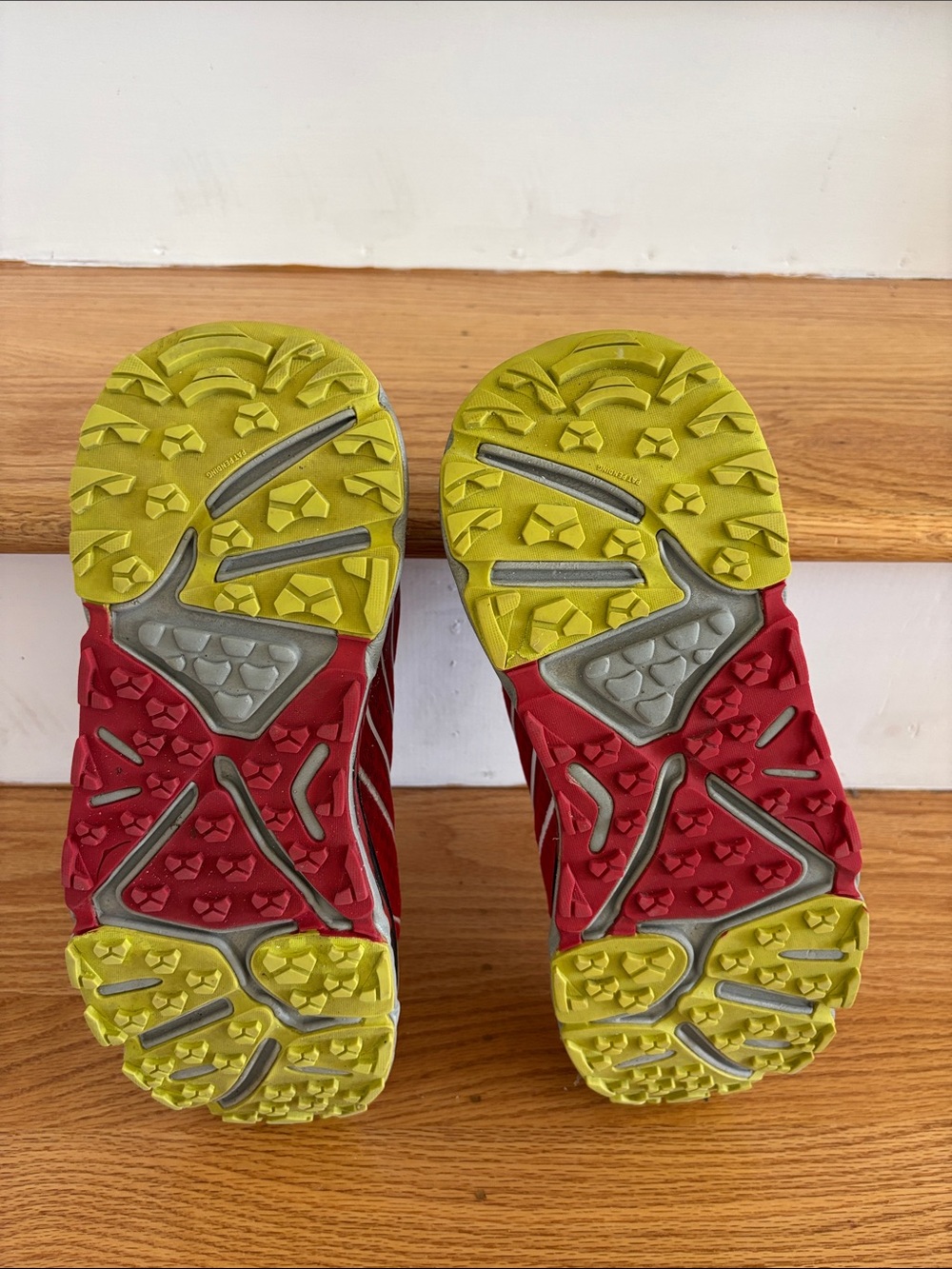 Hoka One One Red Black Athletic Shoes with Yellow Accents - Picture 2 of 9